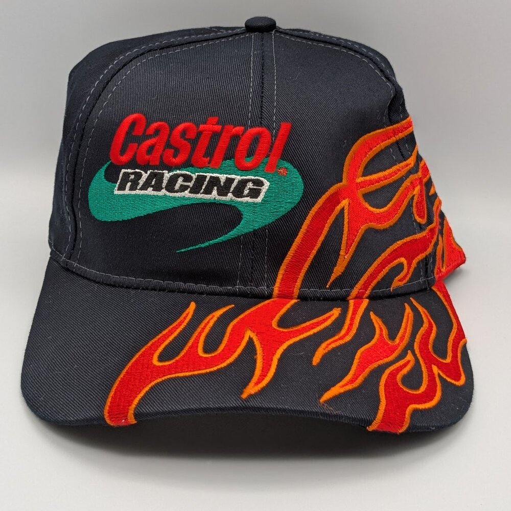 Vintage Castrol Racing Hat with Flame Design, Snapback, Adjustable
